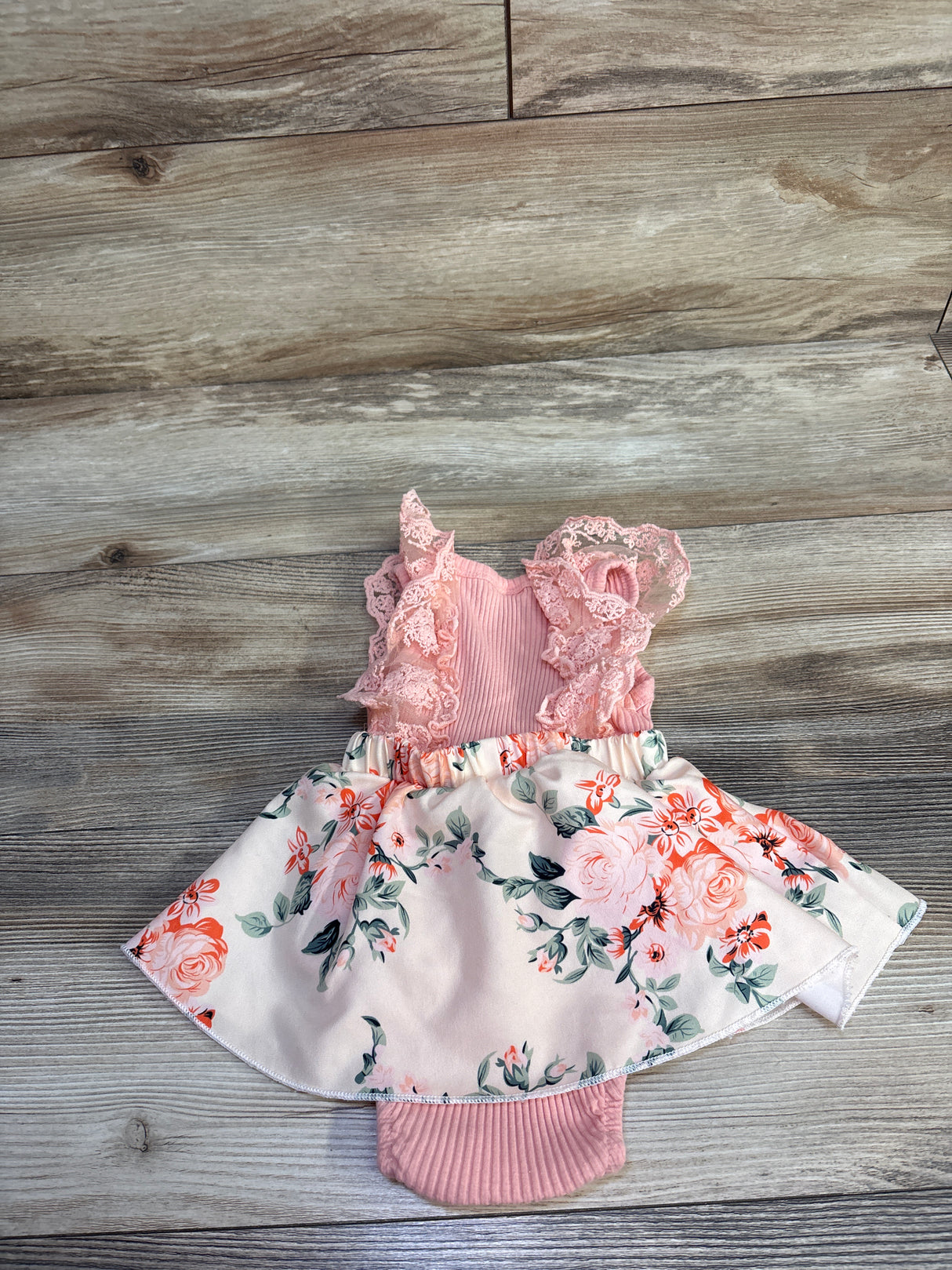 Karwuiiio Ribbed Lace Sleeve Floral Bodysuit Dress Pink sz 9-12m