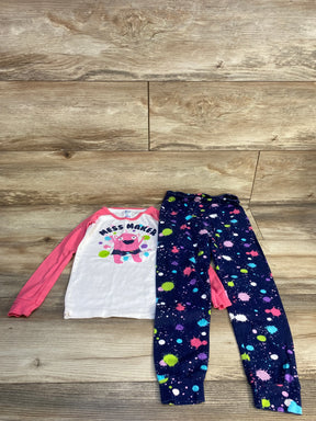 Kids pajama set with pink long sleeve top featuring 'Mess Maker' graphic and paint splatter pants.
