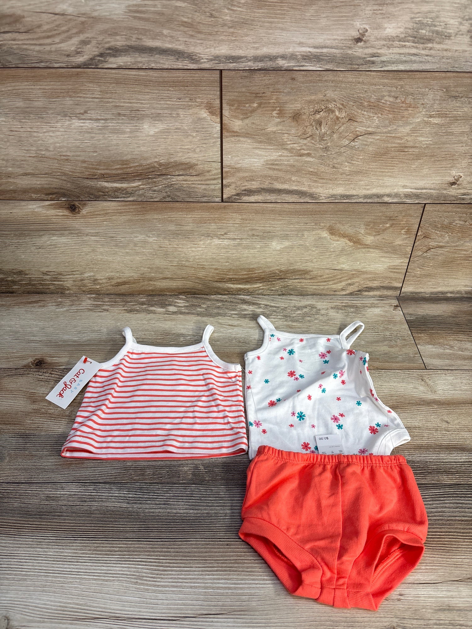 NEW Cat & Jack 3pc Stripped/Floral Top, Bodysuit & Short Set Coral sz 0-3m