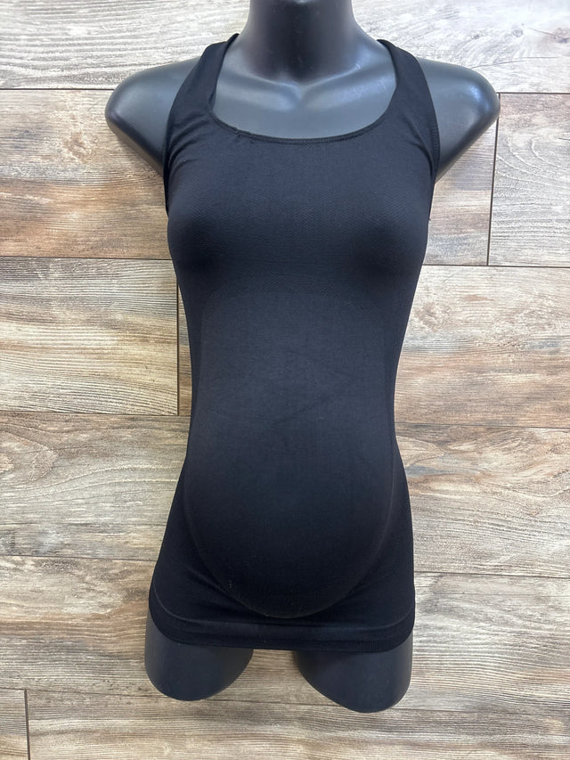 Front view of Blanqi maternity crossback sport tank, black, on mannequin showing built-in belly support and seamless fit