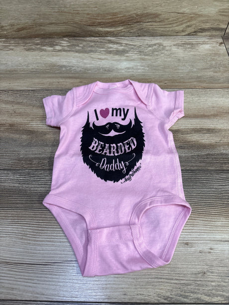Front view of pink Rabbit Skins bodysuit, size 6 months, with I love my bearded daddy text and beard graphic on wood