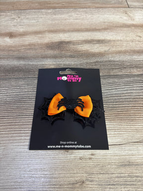 Orange Halloween bow with black glitter spider and web accents for kids' hair accessories
