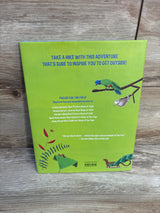 Back cover of a children's picture book with green jungle design, bird, sloth, and lizard illustrations.