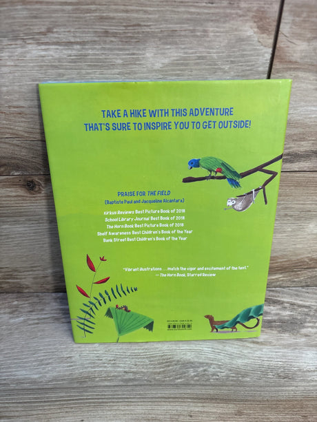 Back cover of a children's picture book with green jungle design, bird, sloth, and lizard illustrations.