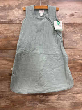 Front view of Little Planet green organic gauze sleepbag, sleeveless newborn (0-6M) with side zipper on wood background