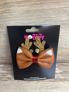 Brown leather bow with gold glitter reindeer antlers and red sequin center, kids holiday hair accessory