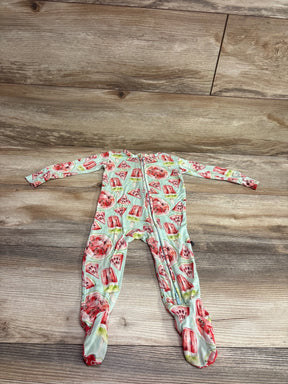 Front view of green LEV Baby Watermelon bamboo footie sleeper with zipper, long sleeves, covered feet, and watermelon pattern