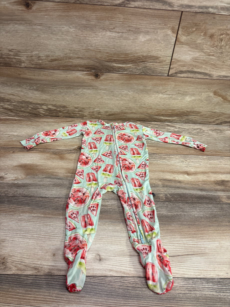 Front view of green LEV Baby Watermelon bamboo footie sleeper with zipper, long sleeves, covered feet, and watermelon pattern