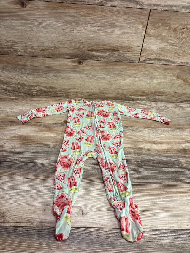 Front view of green LEV Baby Watermelon bamboo footie sleeper with zipper, long sleeves, covered feet, and watermelon pattern