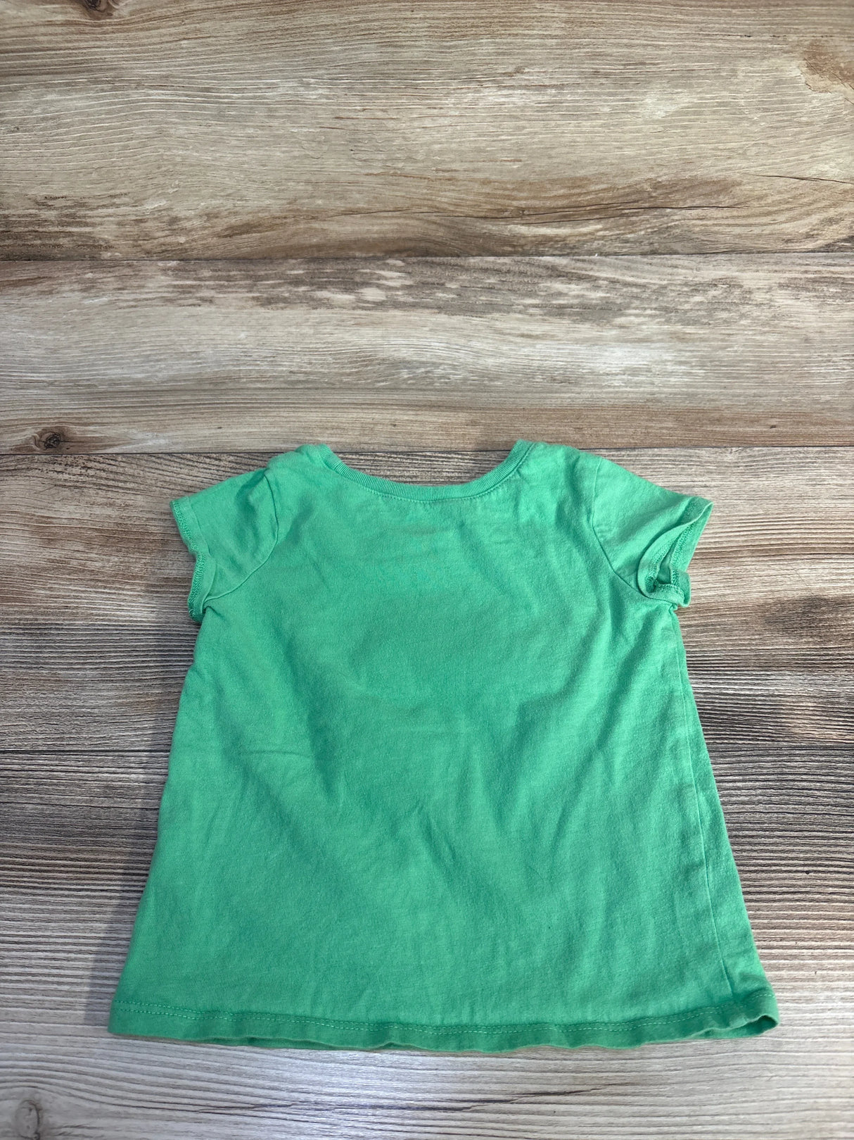 Flat-lay back view of Children's Place green short-sleeve toddler tee, size 2T, on wood plank background
