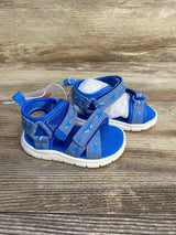 Blue and grey toddler sandals with white soles on wooden background, kids summer footwear