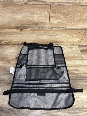 Gray car seat back organizer with pockets on wood floor