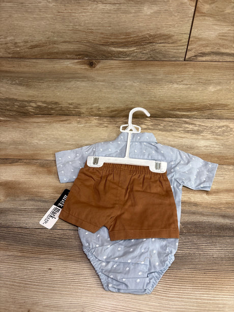 Front view of Mick Mack polo bodysuit and shorts set with blue bodysuit and brown shorts on a hanger against wood floor