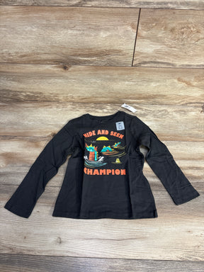 Black long sleeve toddler shirt with colorful dinosaur and 'Hide and Seek Champion' text, size 4T