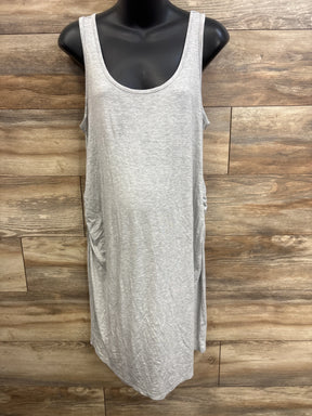 Front view of Time and Tru ruched grey maternity tank dress on mannequin showing side ruching and scoop neck on wood wall