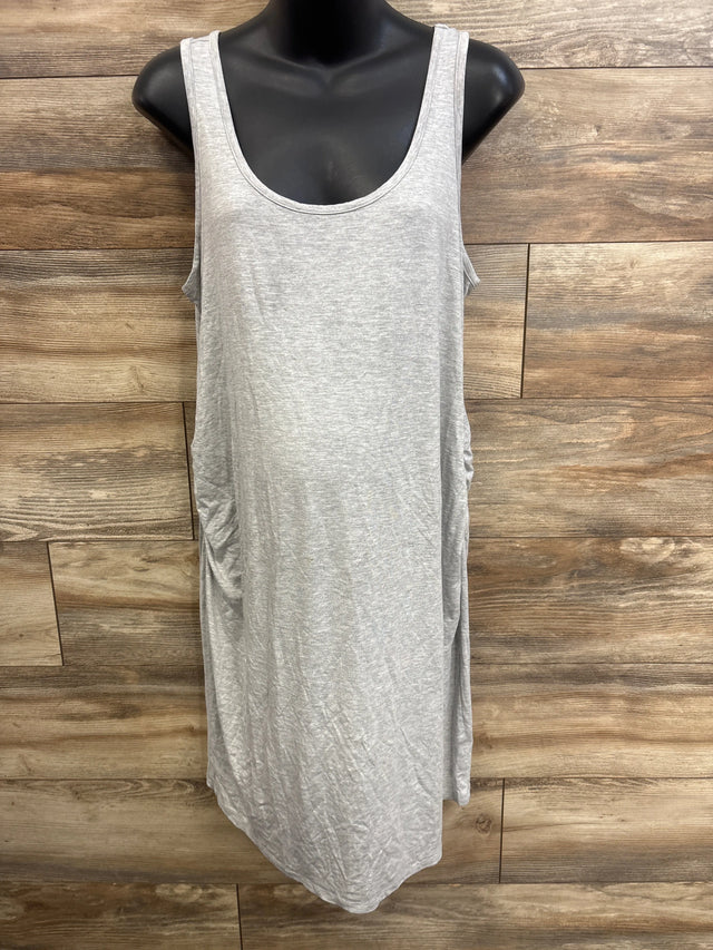 Front view of Time and Tru ruched grey maternity tank dress on mannequin showing side ruching and scoop neck on wood wall