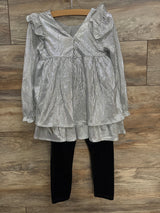 Tahari Metallic Ruffled Shirt & Velour Pants Silver sz 5T