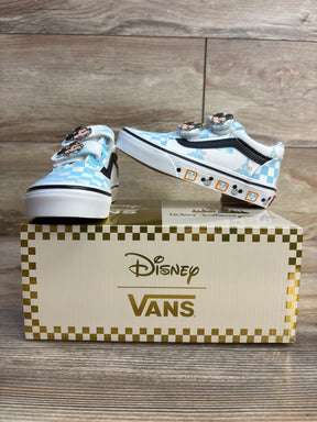 Disney Vans toddler sneakers with Mickey pins, blue checkered design, on branded box