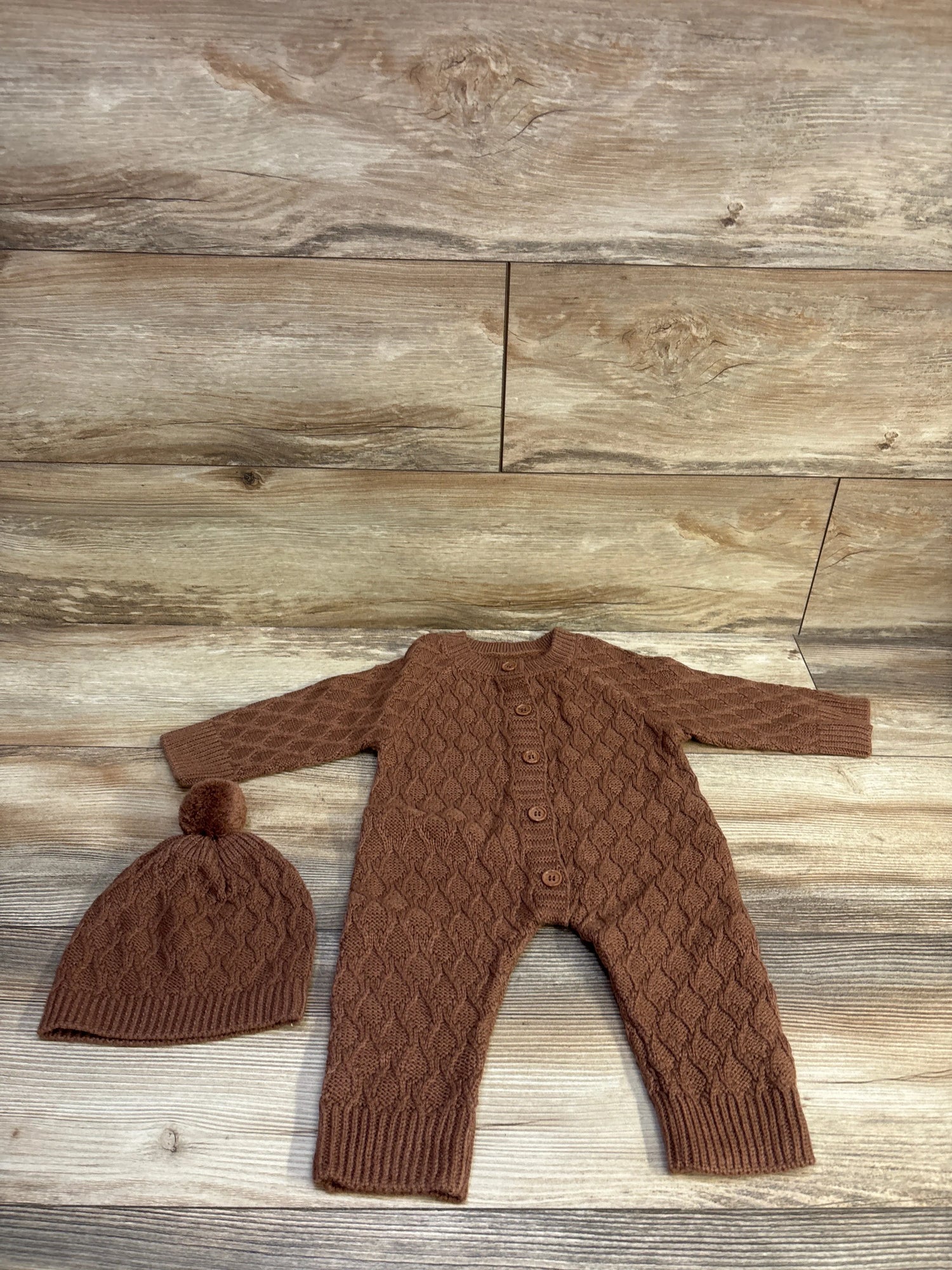 Shein 2pc Cable Knit Sweater Coverall & Hat Set Brown sz 6-9m