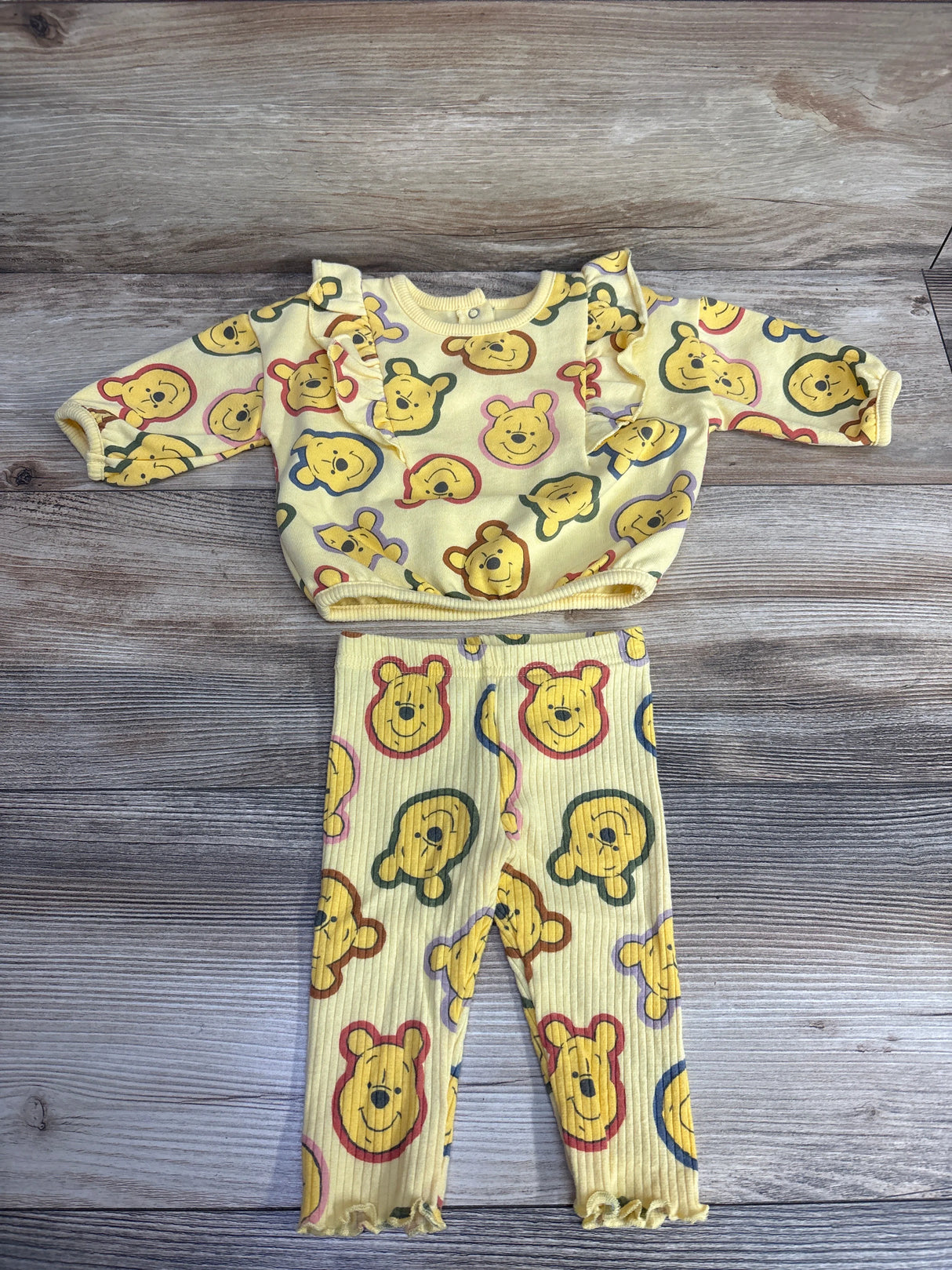Disney Baby 2pc Winnie The Pooh Ruffled Sweatshirt & Ribbed Bottoms Yellow sz 0-3m
