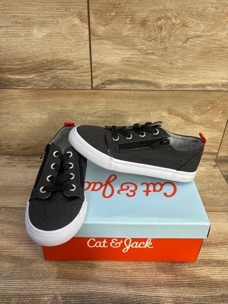 Angled view of Cat & Jack Lucian toddler grey sneakers size 1Y showing double side zippers and white soles on Cat & Jack box