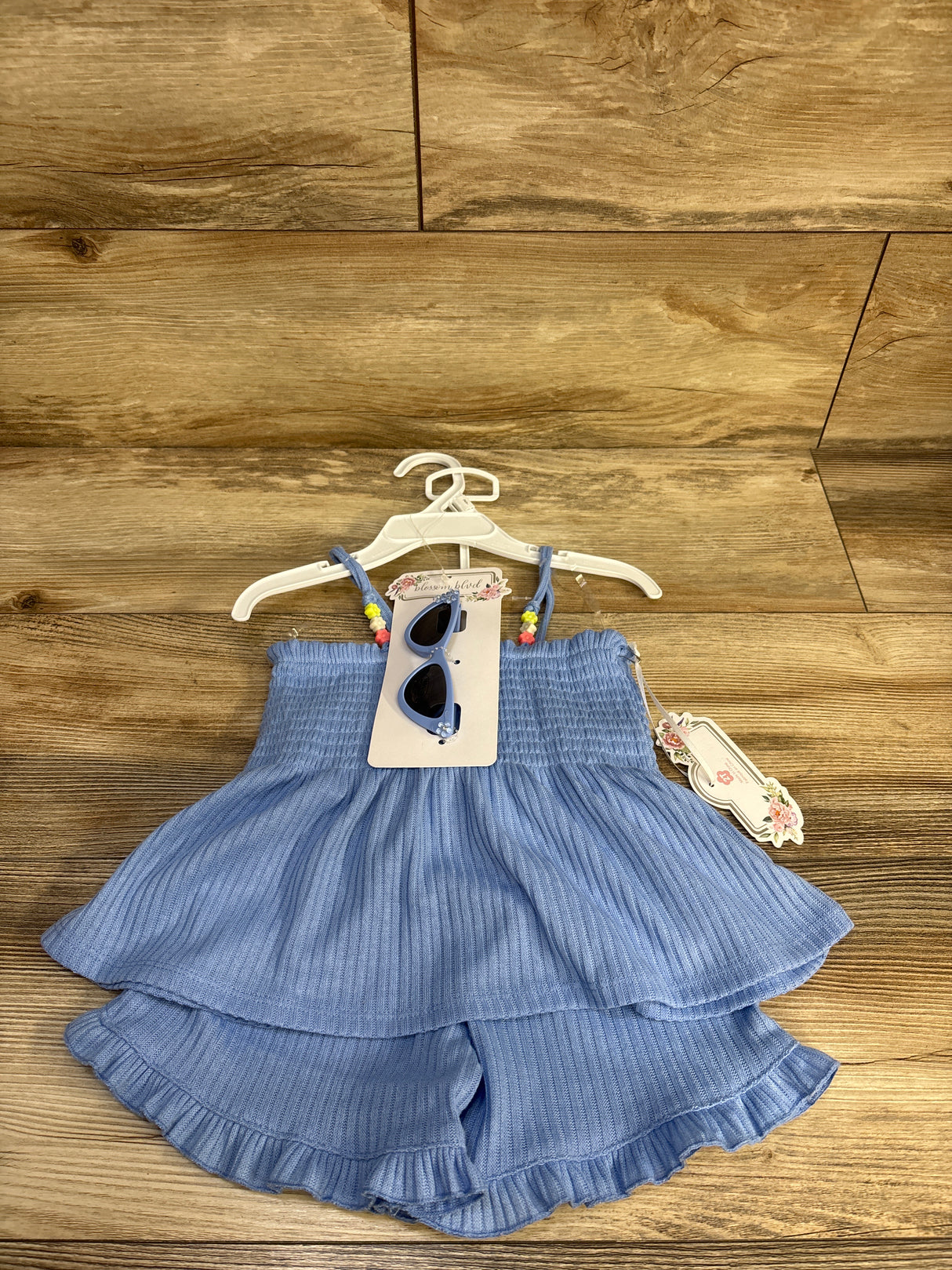NEW Blossom Blvd 3pc Ribbed Tank Top, Shorts, & Sunglasses Set Blue sz 2T