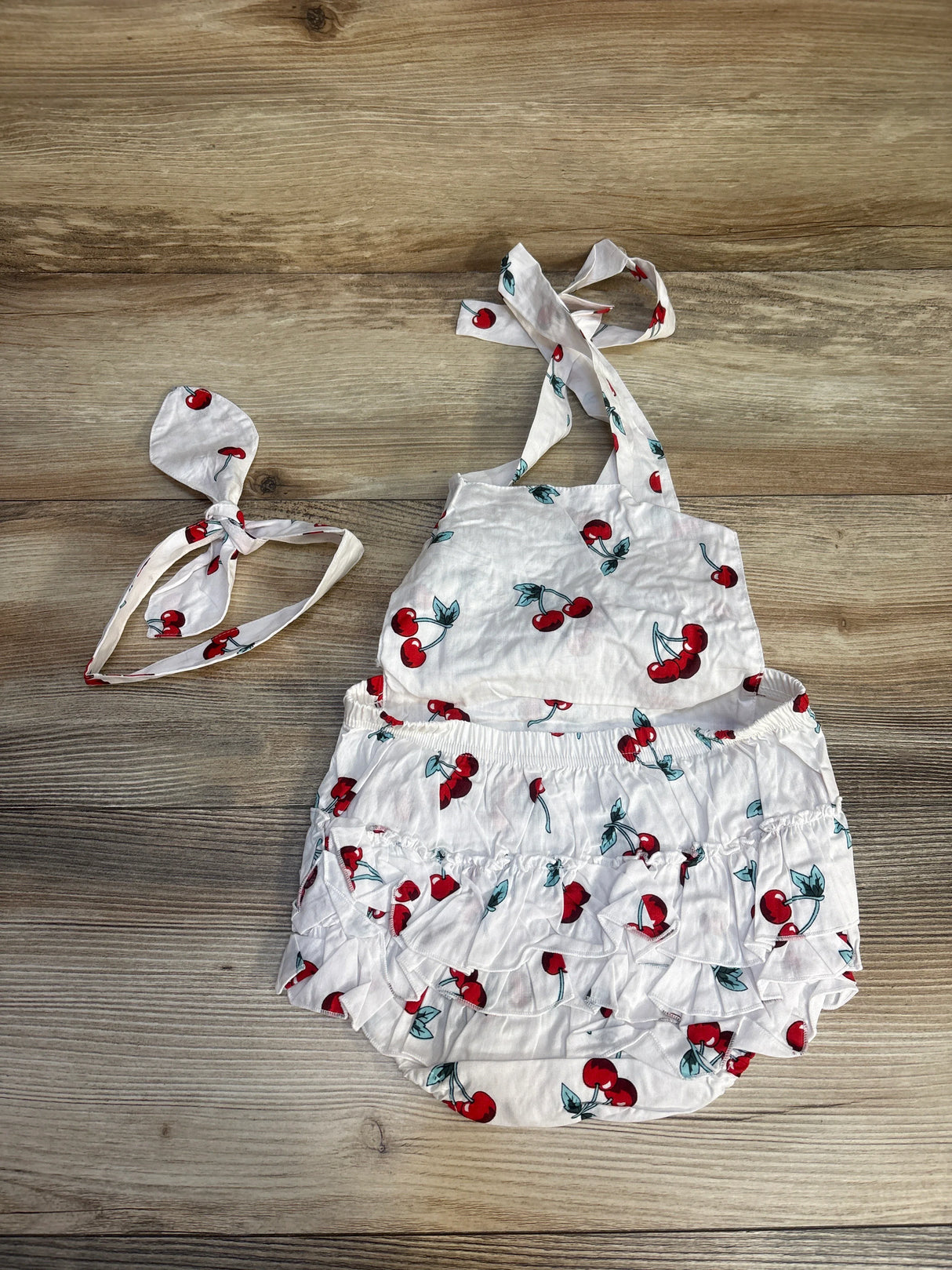 2pc Cherry Print Ruffle Romper + Headwrap White sz 18-24m