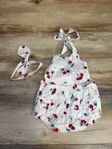 2pc Cherry Print Ruffle Romper + Headwrap White sz 18-24m