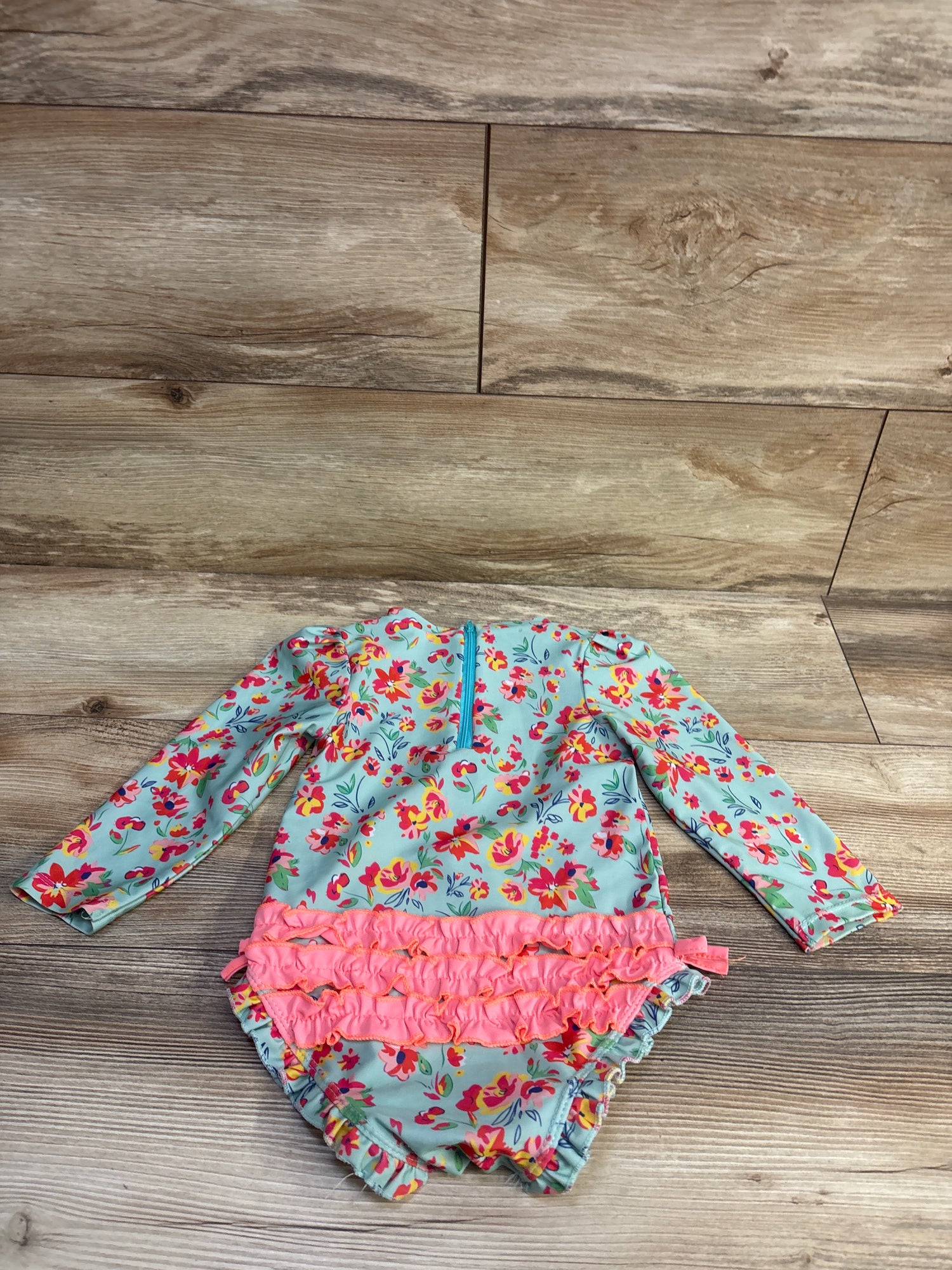 iEFiEL Floral Ruffle 1pc Long Sleeve Rash Guard Swimsuit Blue sz 18-24m