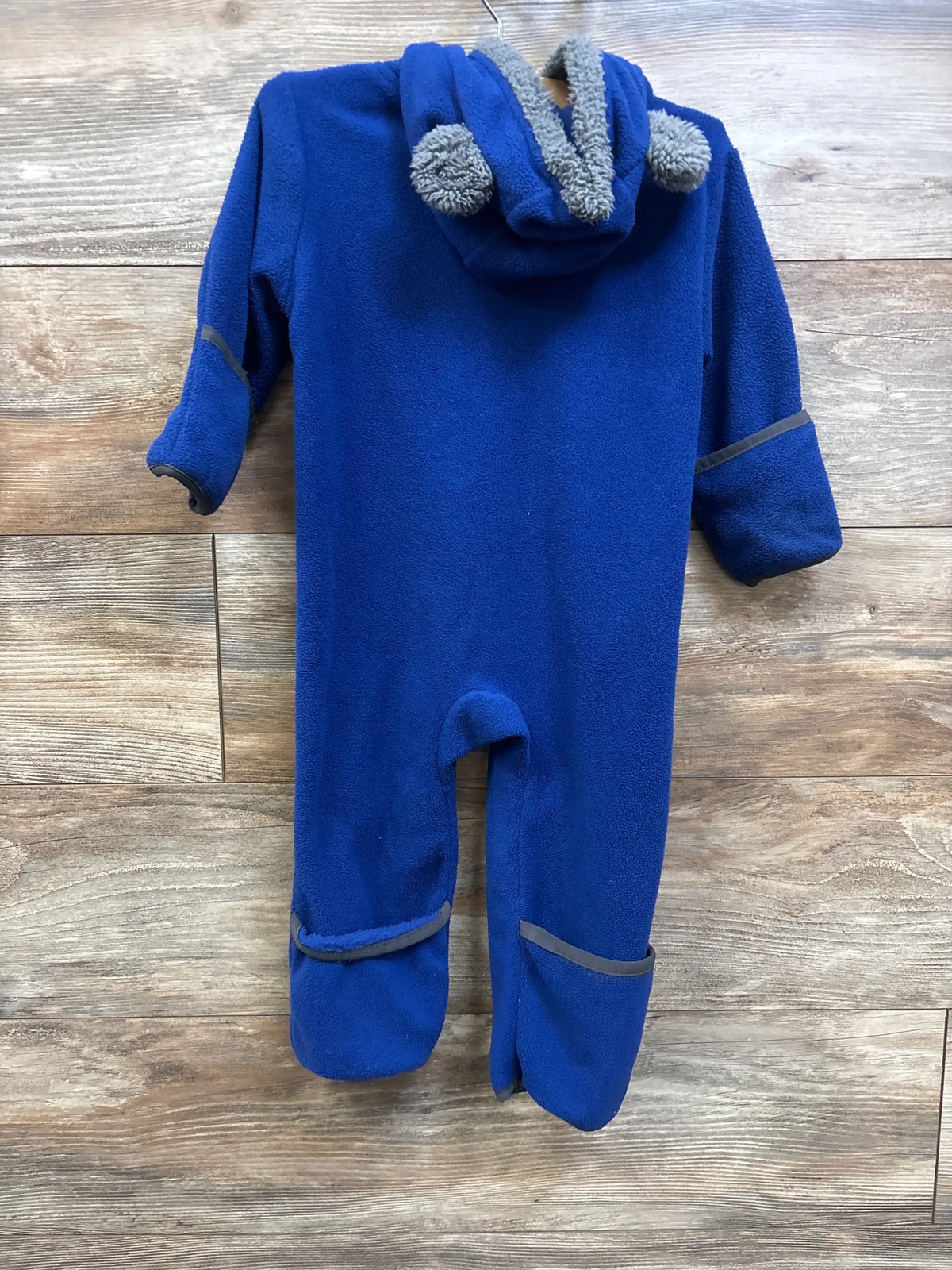 Cuddle Club blue fleece hooded bear bunting for babies with grey pom-pom ears