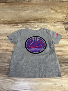 Grey kids t-shirt featuring a purple and blue basketball graphic with a red swoosh.