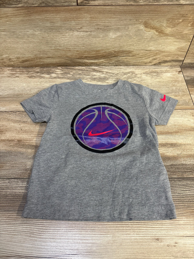 Grey kids t-shirt featuring a purple and blue basketball graphic with a red swoosh.