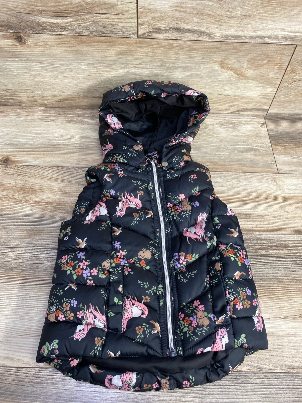H&M Floral Unicorn Puffer Vest Black sz 3-4T