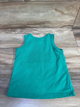 Back view of Cat & Jack green toddler tank top showing scoop neck and A-line hem laid flat on wood background