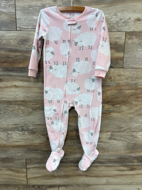 Front view of Carter’s pink 3T sheep blanket sleeper with footed legs and full-length zipper on wood flooring
