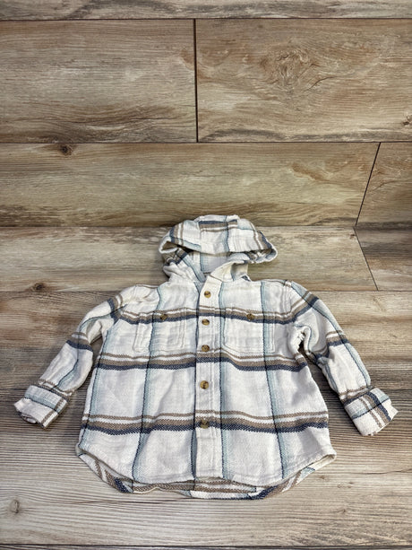 Flat-lay front of Old Navy hooded flannel shirt (size 2T) showing beige-and-blue plaid, button front and chest pockets on wood floor