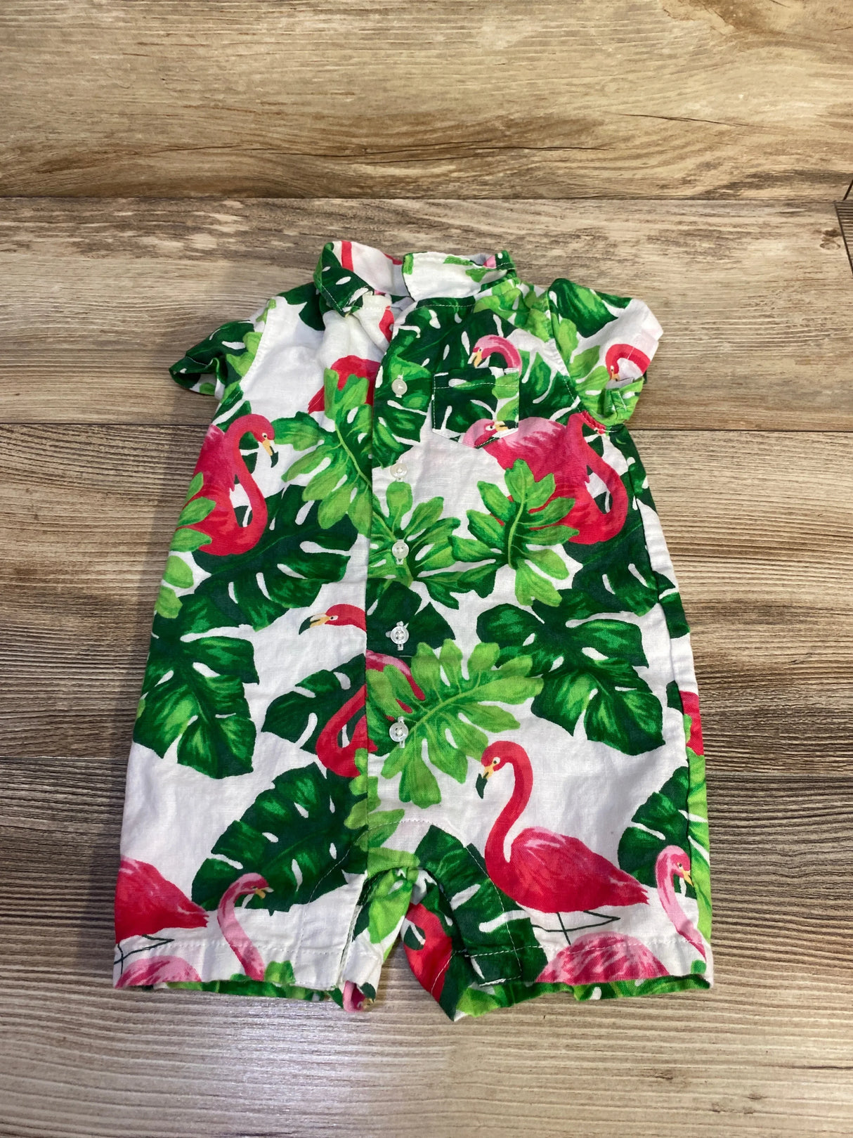 Janie & Jack Tropical Flamingo Linen Romper White sz 3-6m