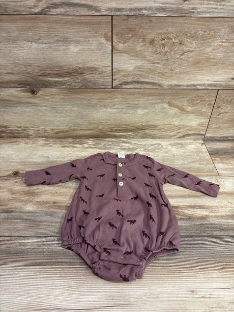 Kate Quinn purple long sleeve ribbed henley bubble romper with fox print on wooden background