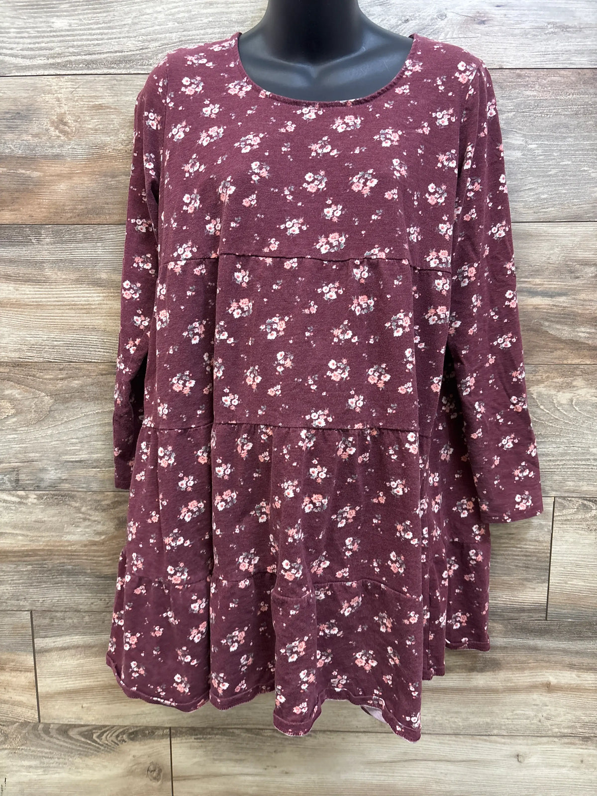 Sonoma Maternity maroon floral tiered dress with long sleeves on a mannequin