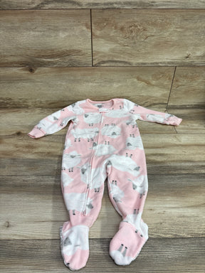 Pink Carter's blanket sleeper for babies with white sheep print on wood background