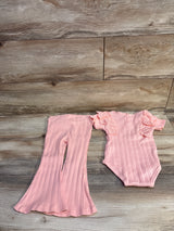 Jessica Simpson 2pc Eyelet Trim Ribbed Bodysuit & Flare Pants Set Pink sz 24m