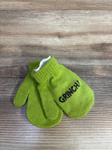 Pair of bright green children's knit mittens with ribbed cuffs, one mitten printed with the word GRINCH!
