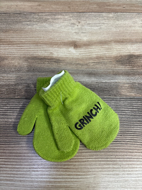Pair of bright green children's knit mittens with ribbed cuffs, one mitten printed with the word GRINCH!