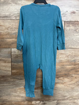 Back view of Modern Moments footless sleeper, blue 12M, ribbed fabric with long sleeves and cuffed ankles on wood