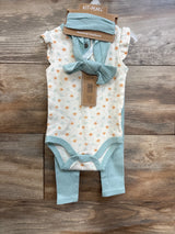 Front flat lay of ivory floral short-sleeve bodysuit with ribbed mint pants and matching mint headband on wood background