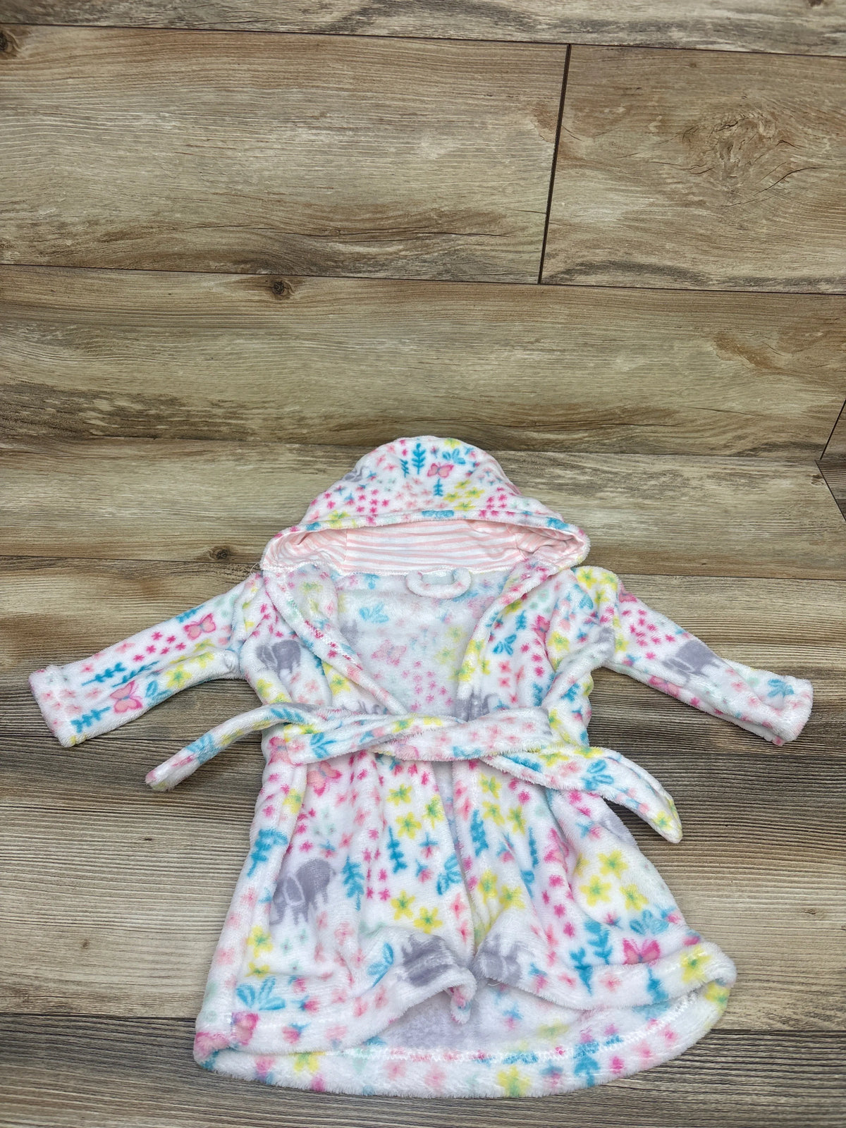 Floral Butterfly Print Plush Hooded Bath Robe White sz 0-9m