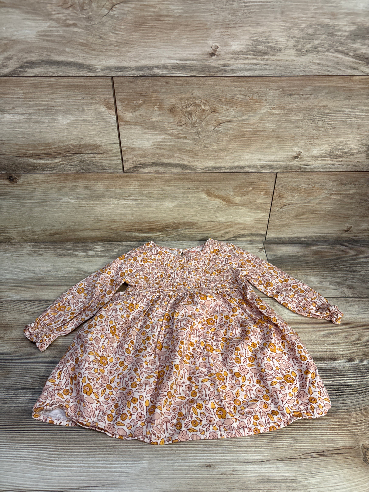 Cat & Jack Long Sleeve Smocked Dress Leaf Print sz 2T