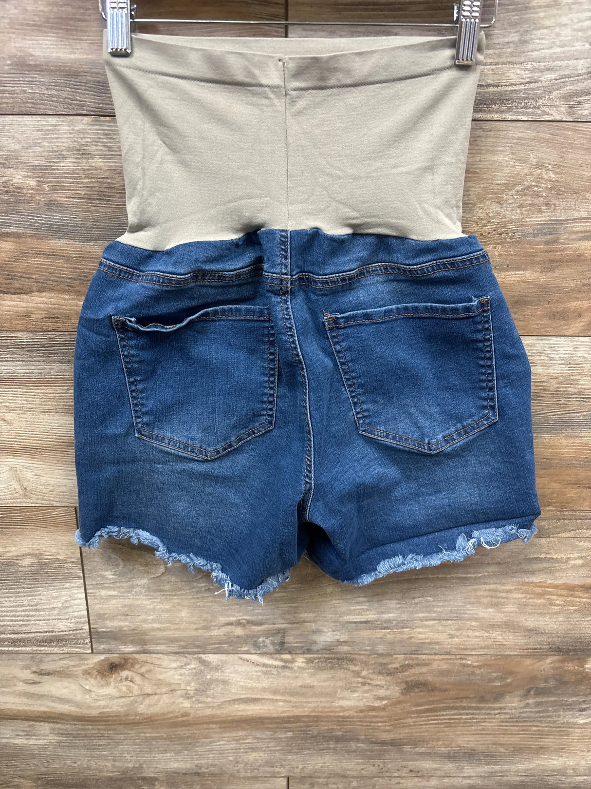 Haute Mama Maternity Full Panel Denim Frayed Trim Shorts Light Blue sz Large