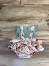 Yccutest Ribbed Floral Faux Suspender Skirted Romper Green sz 6-9m