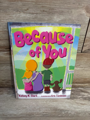 Children's book 'Because of You' with cartoon kids and a dog, perfect for resale or gifts.